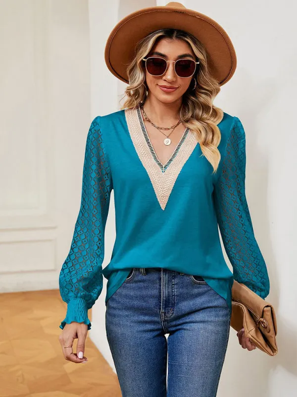 Elegant Lace-Trimmed V-Neck Blouse with Bishop Long Sleeves