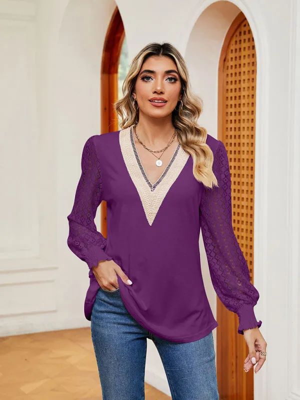 Elegant Lace-Trimmed V-Neck Blouse with Bishop Long Sleeves