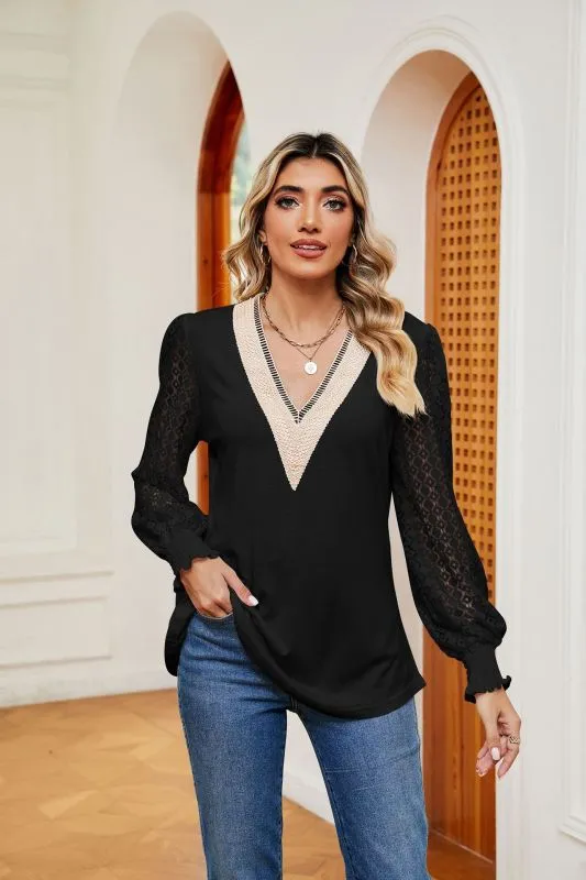 Elegant Lace-Trimmed V-Neck Blouse with Bishop Long Sleeves