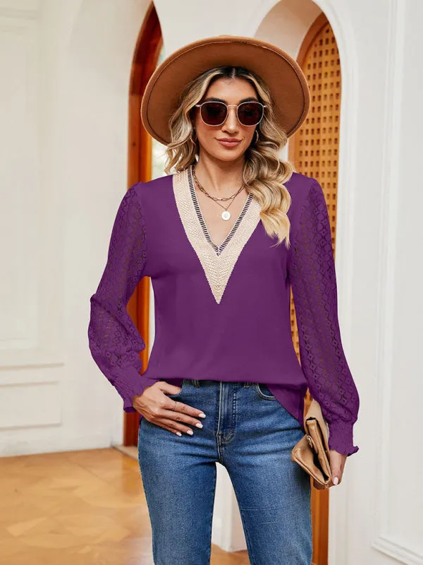 Elegant Lace-Trimmed V-Neck Blouse with Bishop Long Sleeves