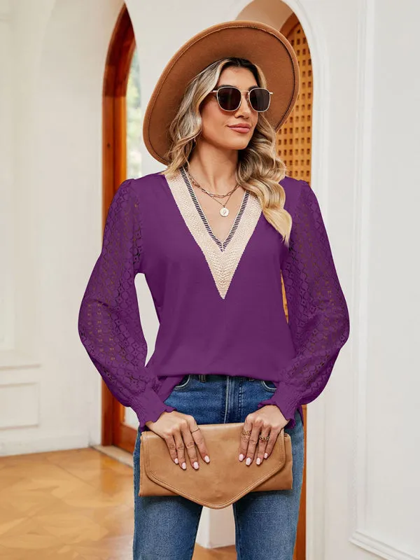 Elegant Lace-Trimmed V-Neck Blouse with Bishop Long Sleeves