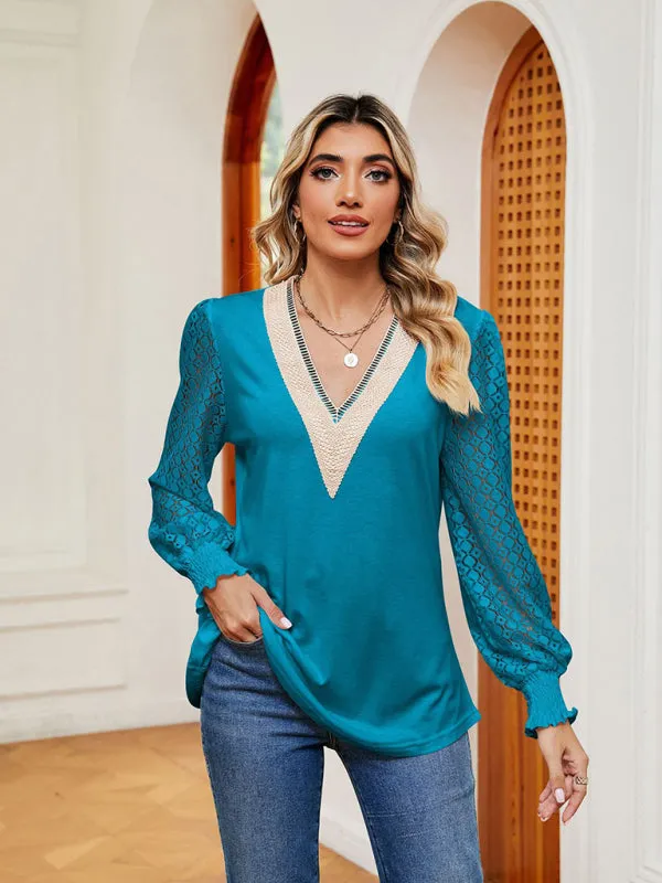 Elegant Lace-Trimmed V-Neck Blouse with Bishop Long Sleeves