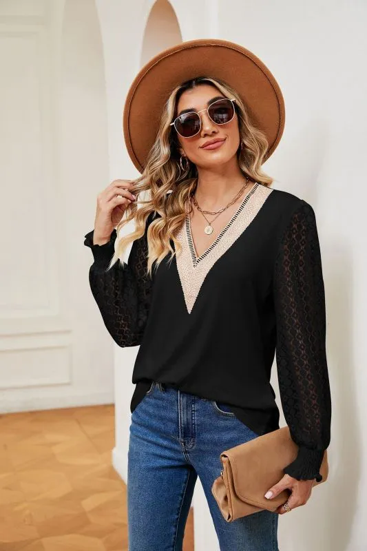 Elegant Lace-Trimmed V-Neck Blouse with Bishop Long Sleeves