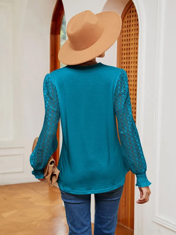 Elegant Lace-Trimmed V-Neck Blouse with Bishop Long Sleeves