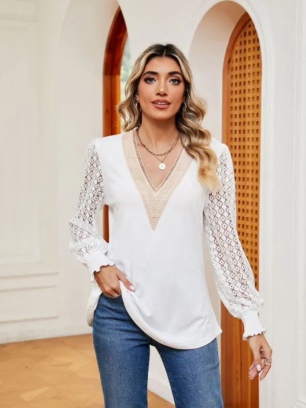 Elegant Lace-Trimmed V-Neck Blouse with Bishop Long Sleeves
