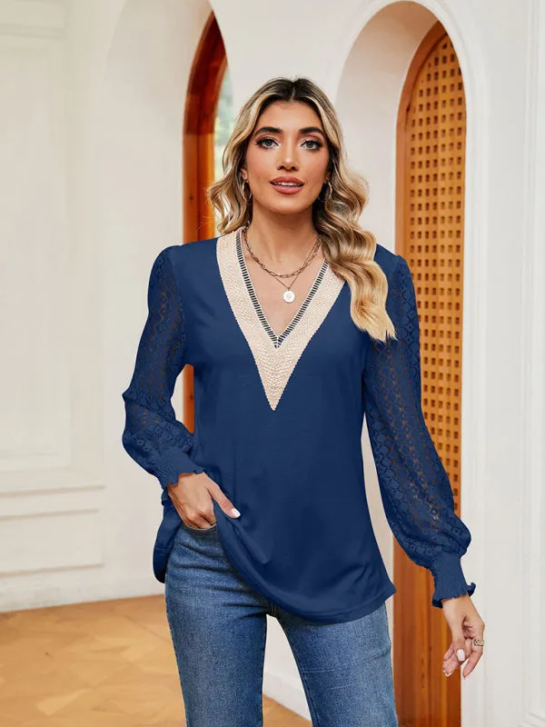 Elegant Lace-Trimmed V-Neck Blouse with Bishop Long Sleeves