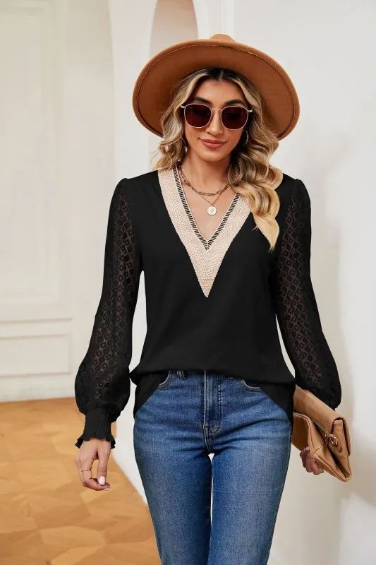 Elegant Lace-Trimmed V-Neck Blouse with Bishop Long Sleeves