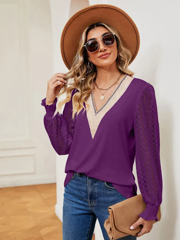 Elegant Lace-Trimmed V-Neck Blouse with Bishop Long Sleeves