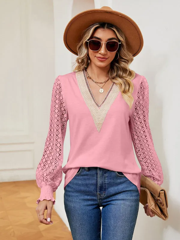 Elegant Lace-Trimmed V-Neck Blouse with Bishop Long Sleeves