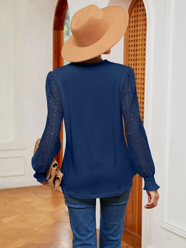 Elegant Lace-Trimmed V-Neck Blouse with Bishop Long Sleeves