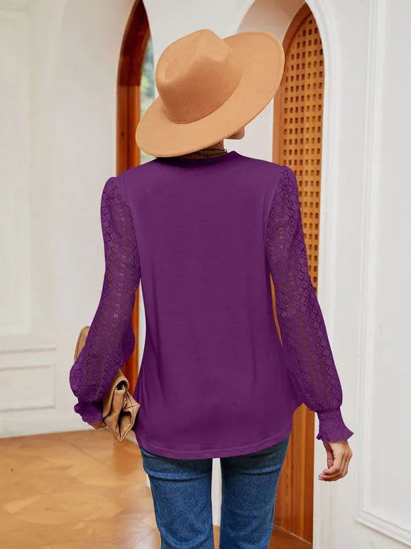 Elegant Lace-Trimmed V-Neck Blouse with Bishop Long Sleeves