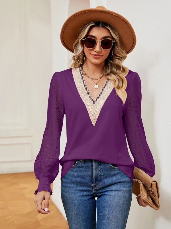 Elegant Lace-Trimmed V-Neck Blouse with Bishop Long Sleeves