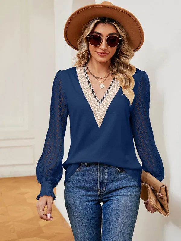 Elegant Lace-Trimmed V-Neck Blouse with Bishop Long Sleeves