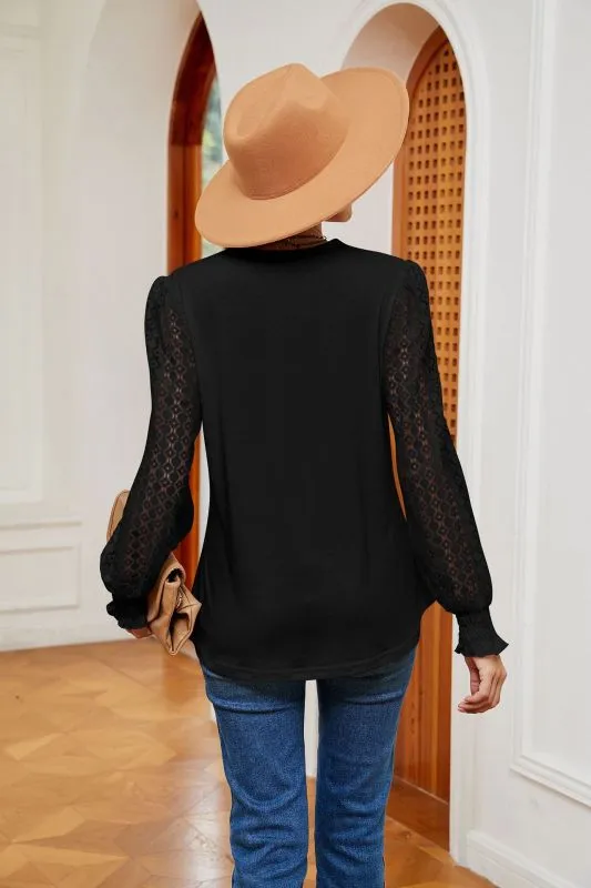Elegant Lace-Trimmed V-Neck Blouse with Bishop Long Sleeves