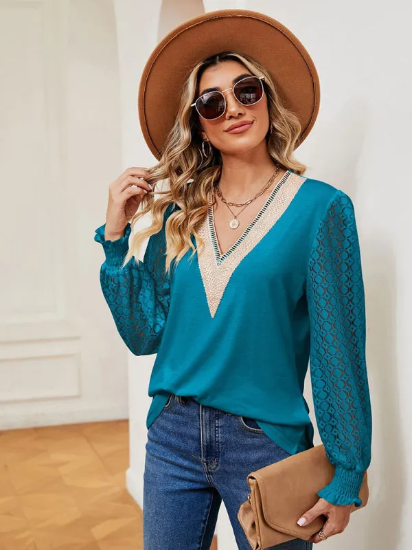 Elegant Lace-Trimmed V-Neck Blouse with Bishop Long Sleeves