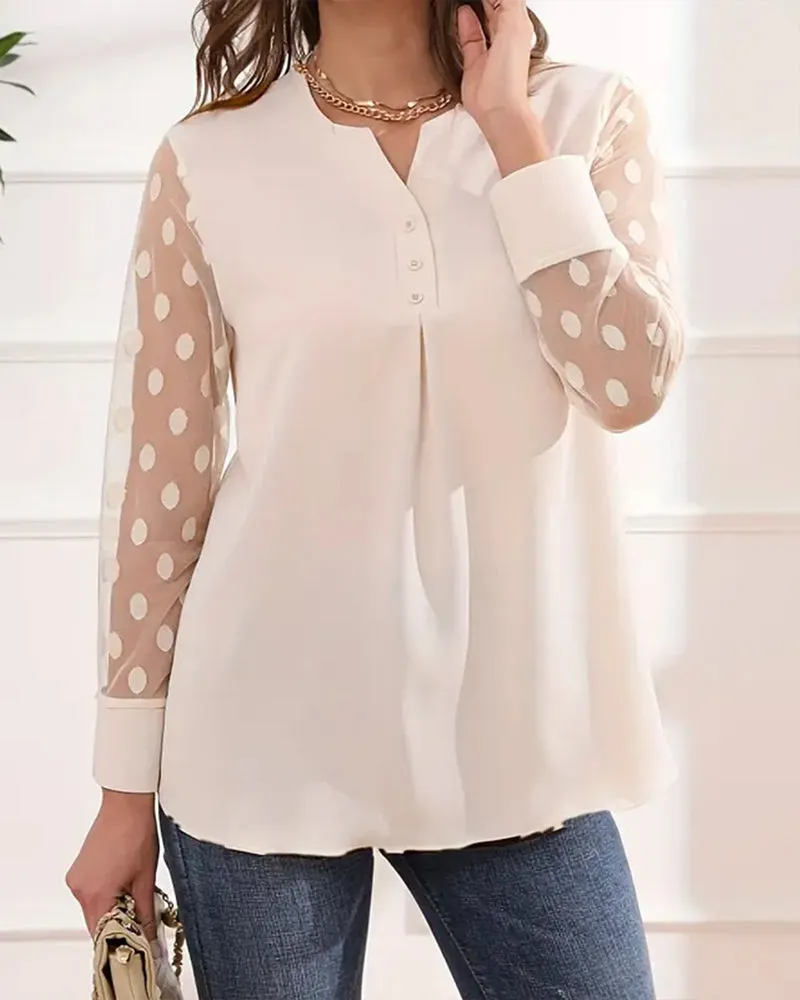 Elegant patchwork mesh polka dot print top