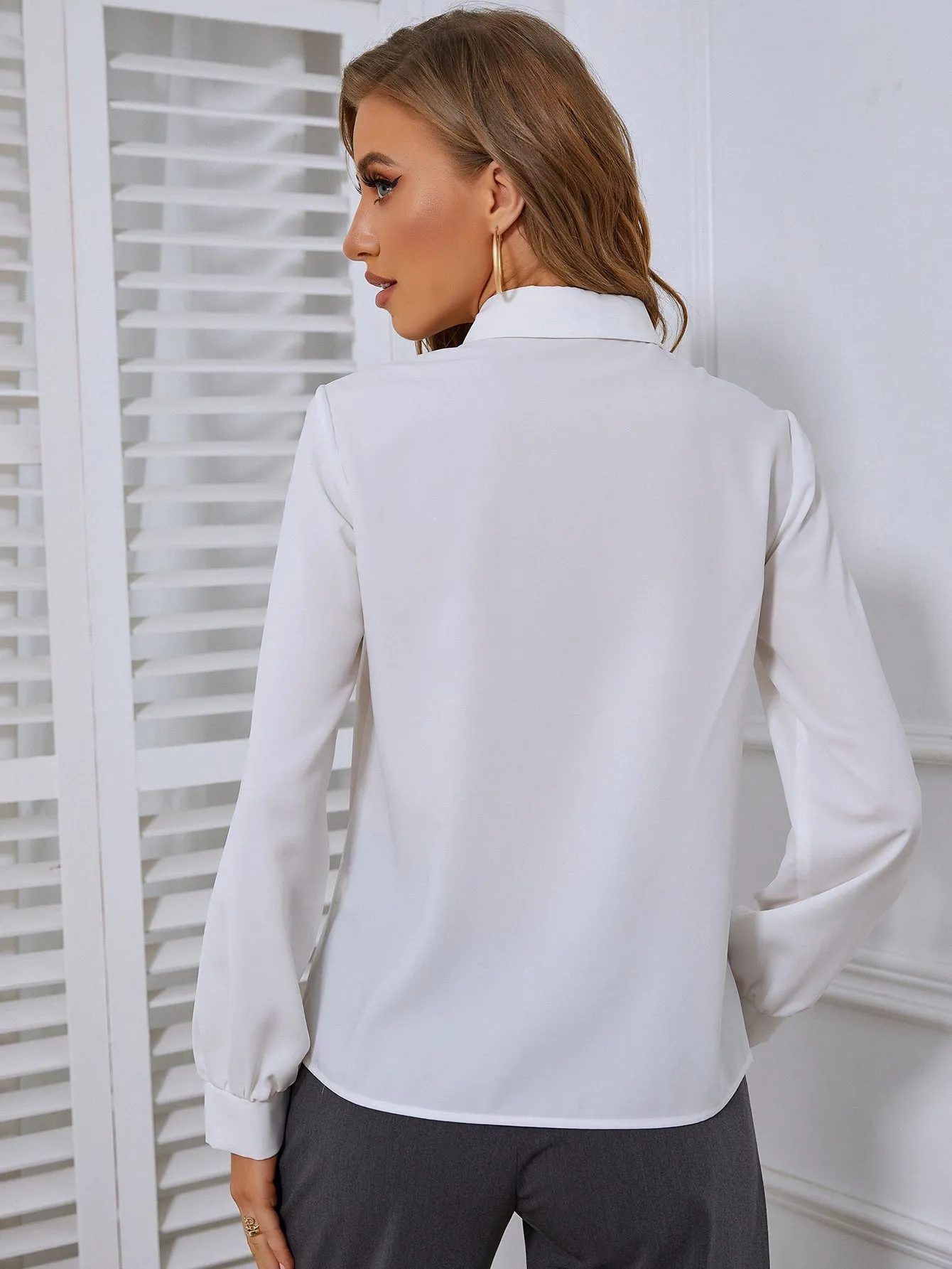 Elegant Plain Button Long Sleeve Keyhole Neckline Regular Blouse
