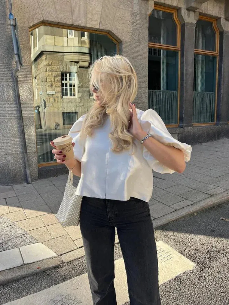 Elegant White Satin Short O-neck Female Lady Blouse