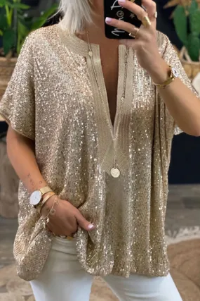 Fashion Elegant & Stylish Patchwork Sequins V Neck Blouses