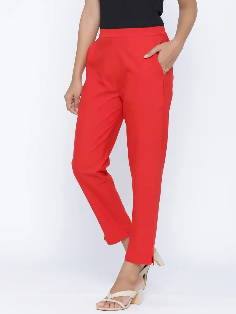 Fashionable Red Cotton Blend Solid Trouser Pant For Women