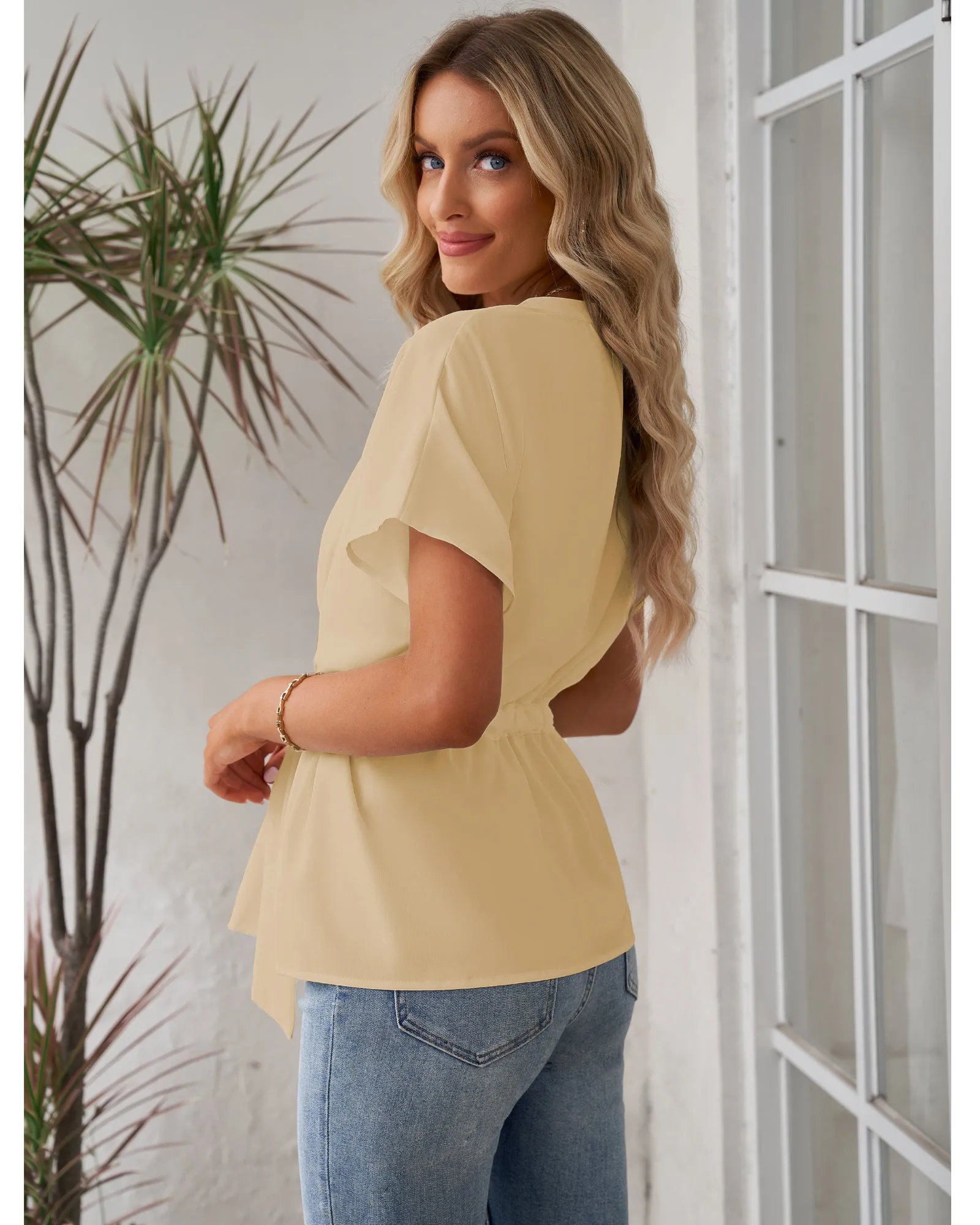 GRAPENT Work Blouses for Women Business Casual Tops Peplum Dressy Elegant Summer Button Down Shirt