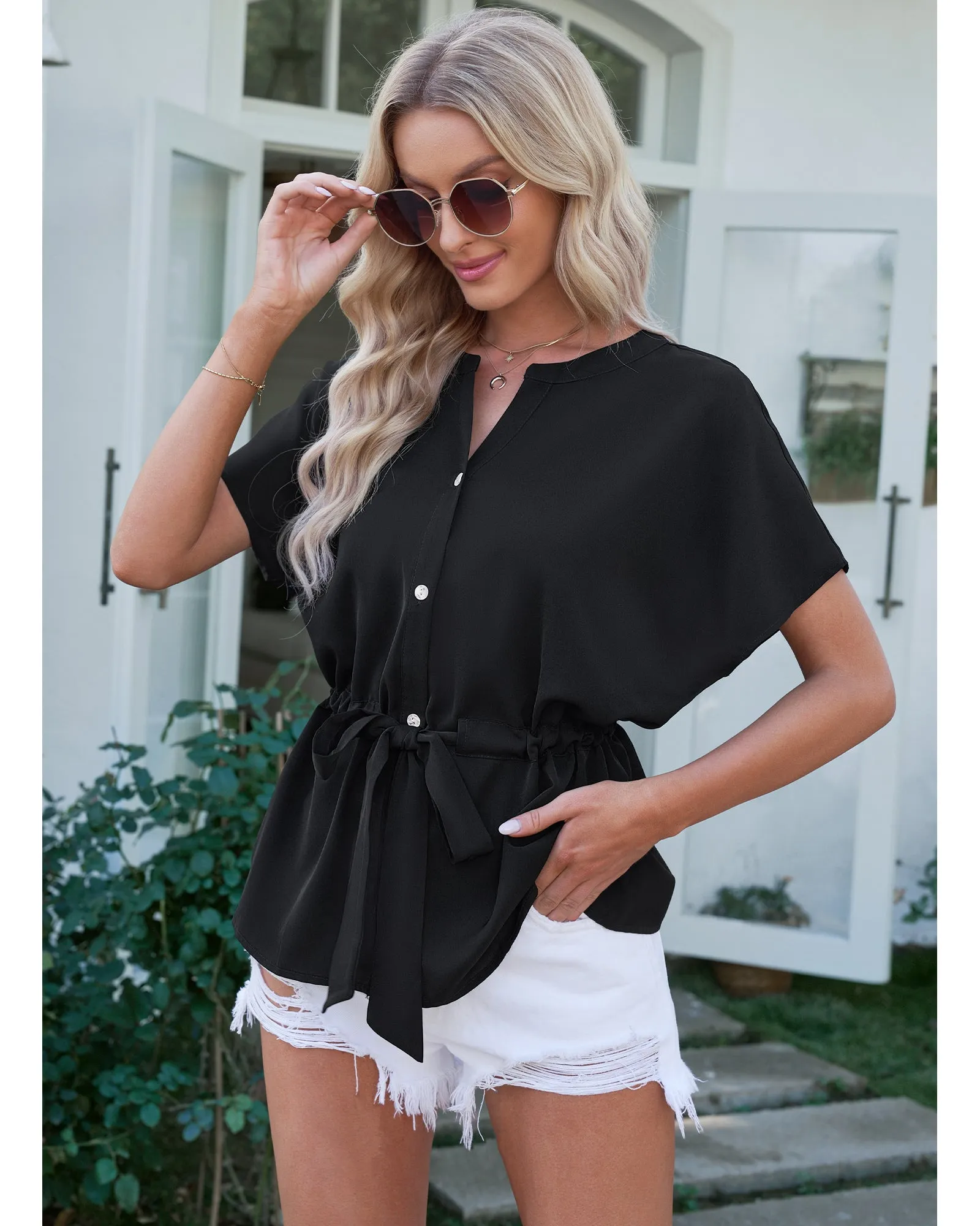 GRAPENT Work Blouses for Women Business Casual Tops Peplum Dressy Elegant Summer Button Down Shirt