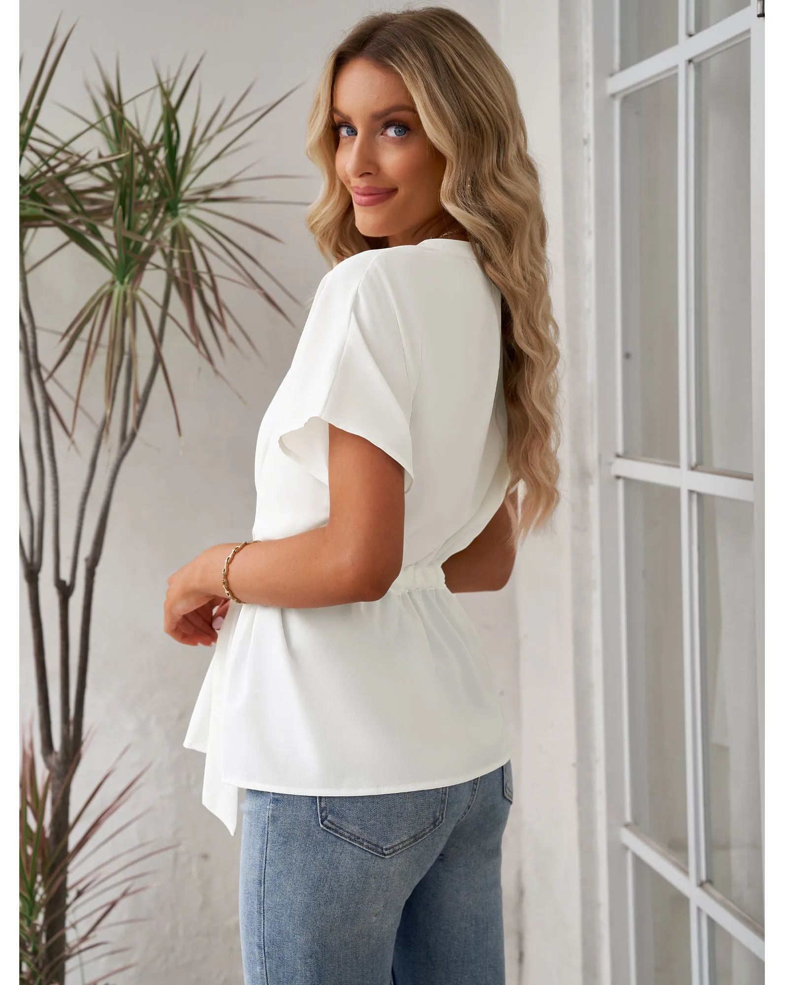 GRAPENT Work Blouses for Women Business Casual Tops Peplum Dressy Elegant Summer Button Down Shirt