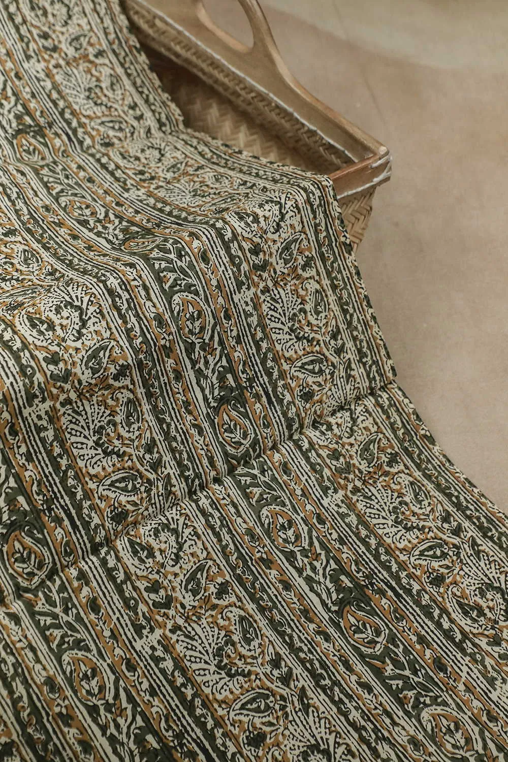 Green with Paisley Bagru Cotton Fabric
