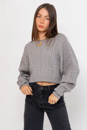 Grey Cropped Cable Knit Sweater