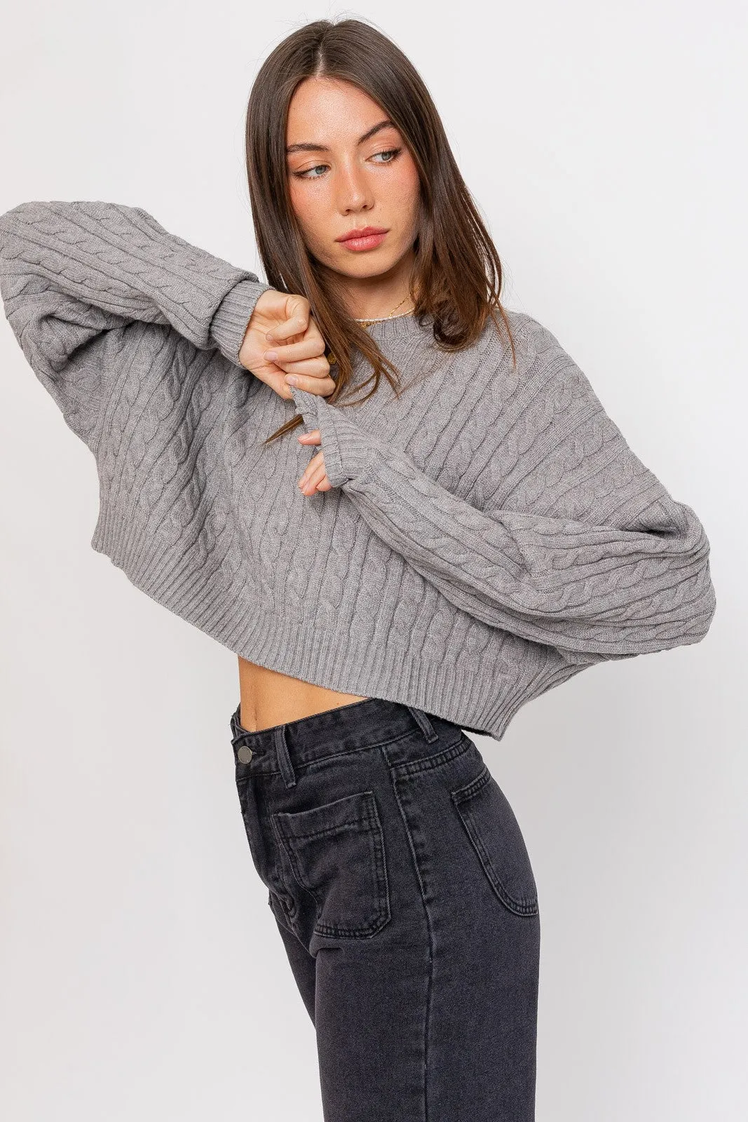 Grey Cropped Cable Knit Sweater