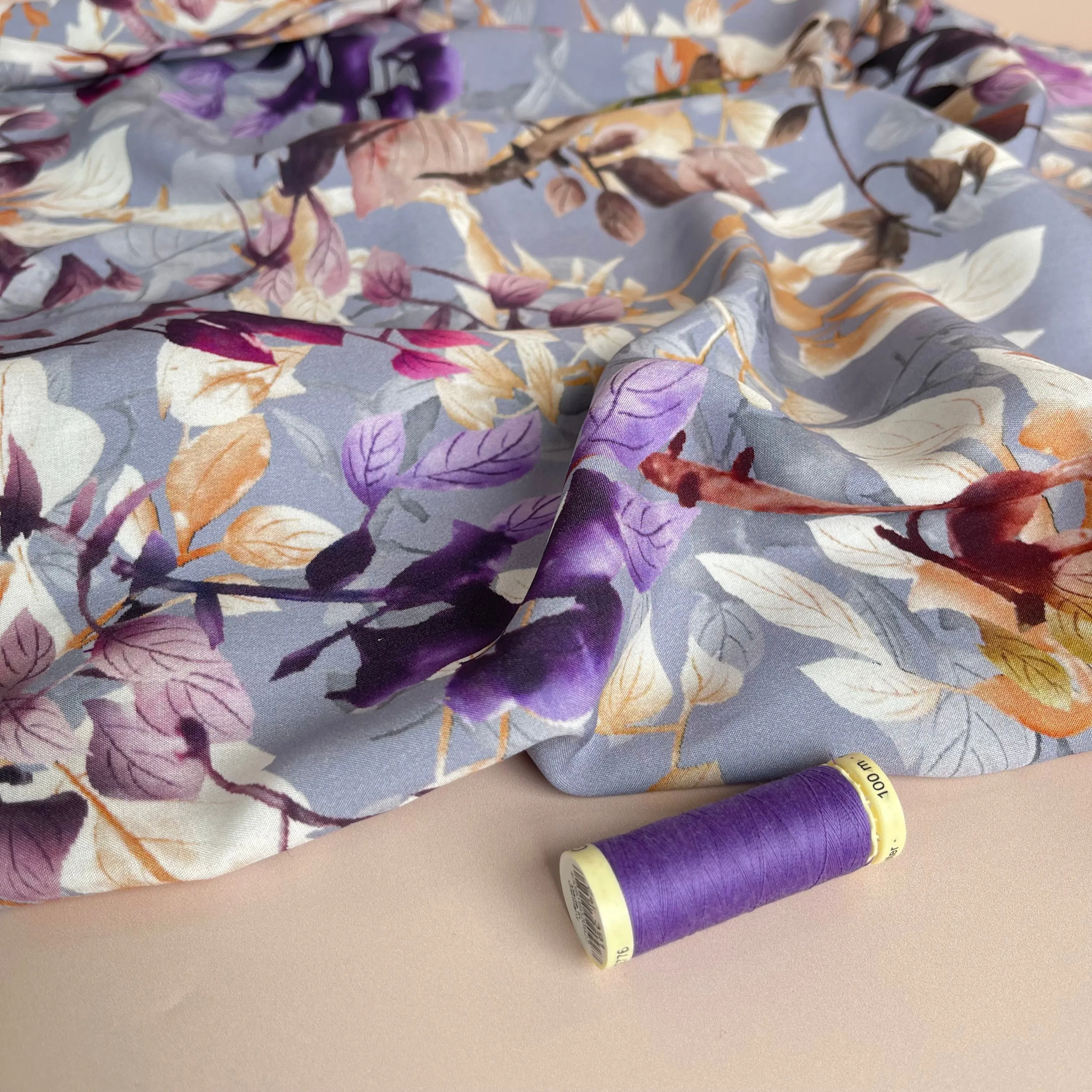 Hazy Foliage on Lilac Viscose Fabric