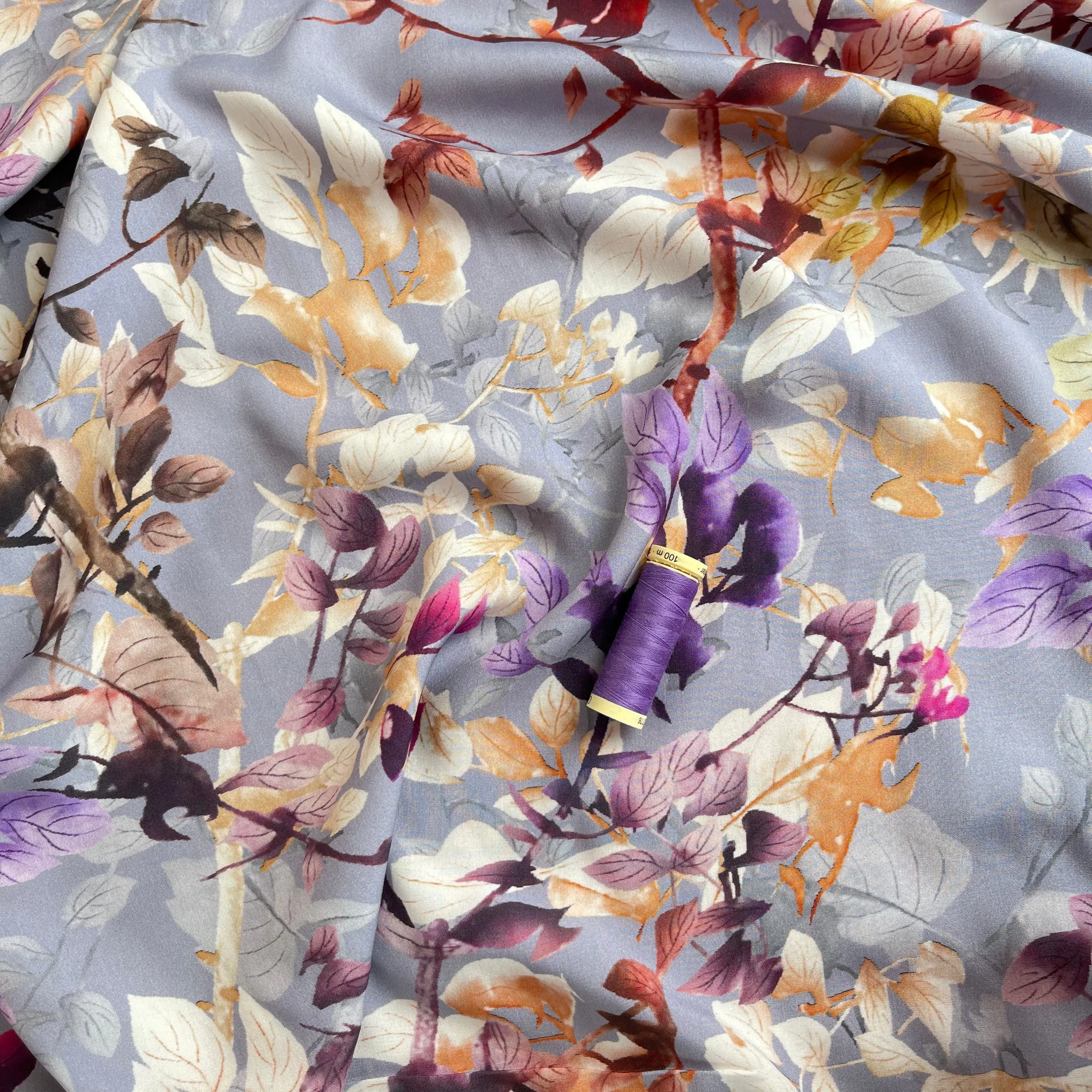 Hazy Foliage on Lilac Viscose Fabric
