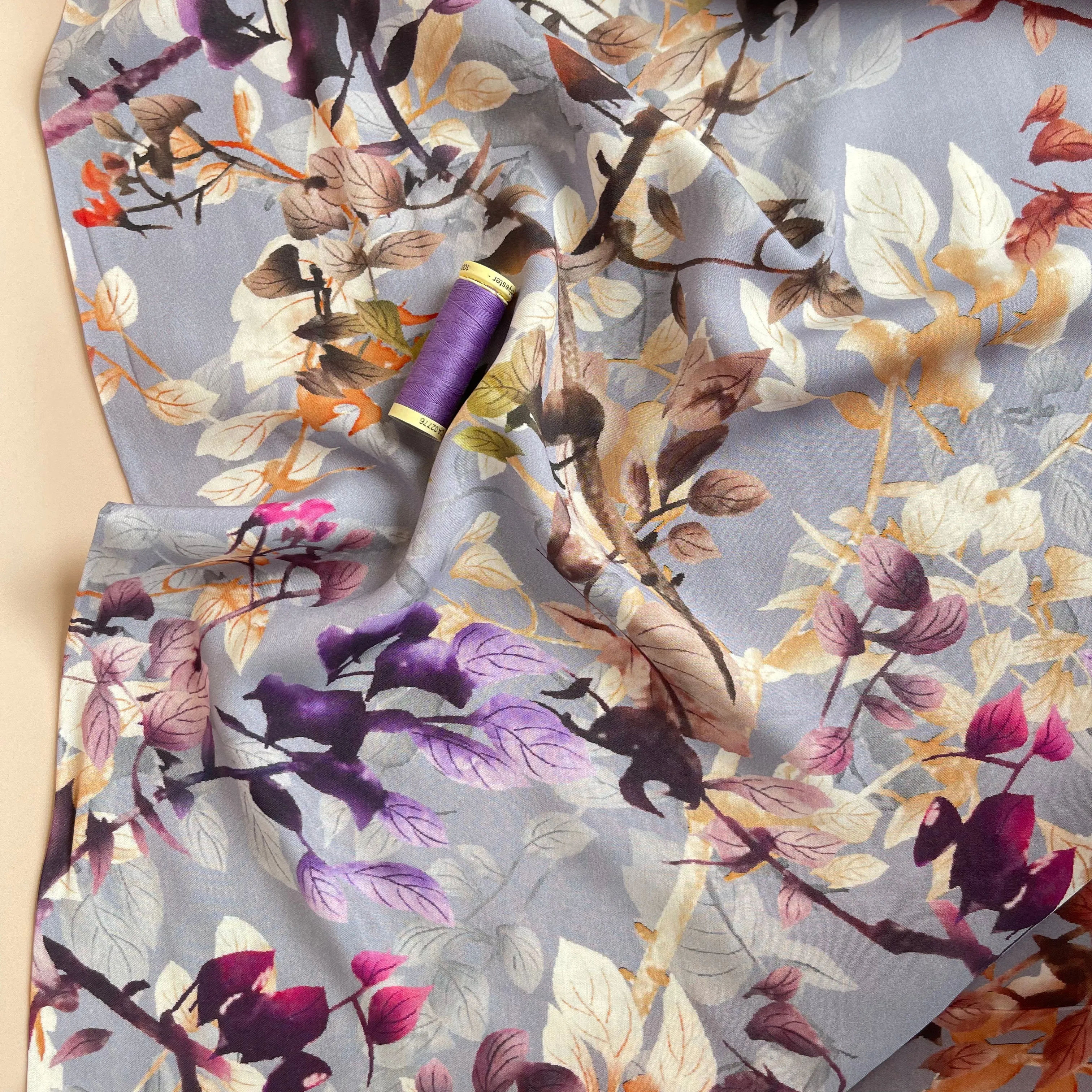 Hazy Foliage on Lilac Viscose Fabric