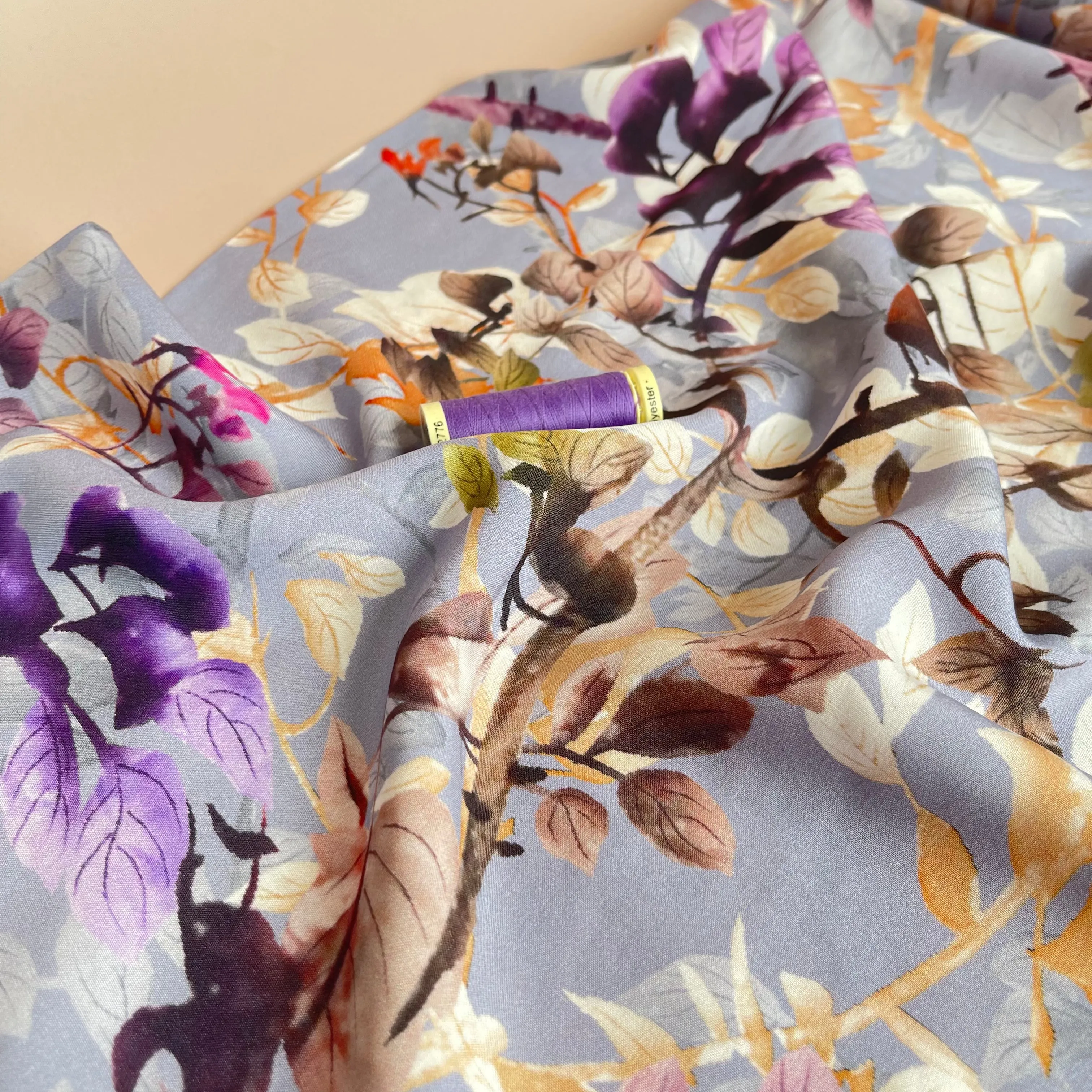 Hazy Foliage on Lilac Viscose Fabric