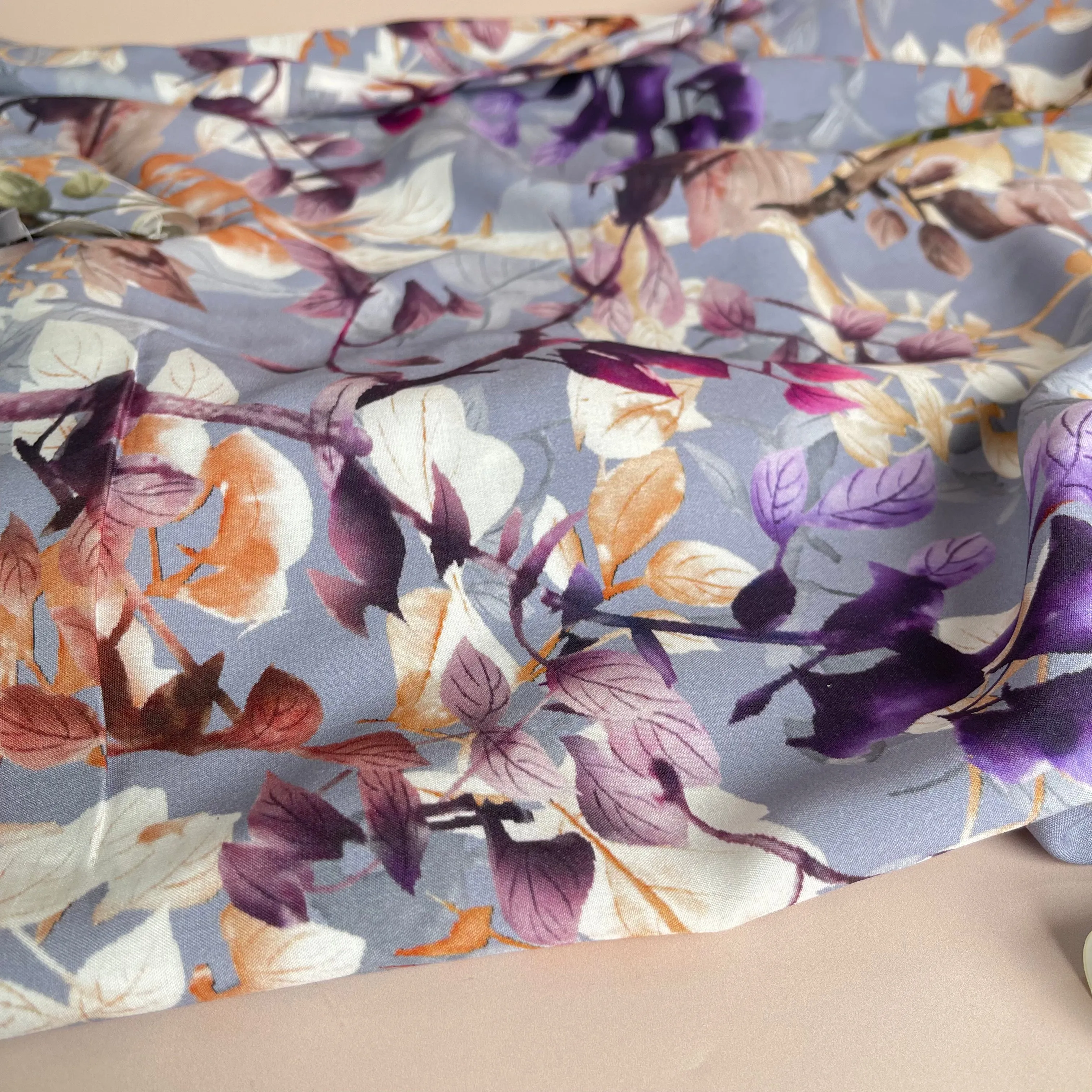 Hazy Foliage on Lilac Viscose Fabric