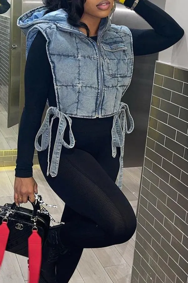 hulianfu Blue Cool Lace-Up Denim Coat