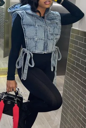 hulianfu Blue Cool Lace-Up Denim Coat