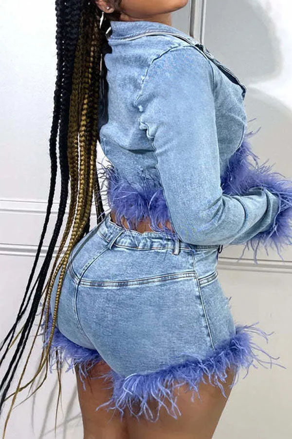 hulianfu Blue Denim Cool Fluffy Pant Suit