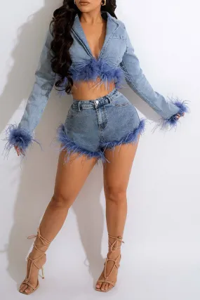 hulianfu Blue Denim Cool Fluffy Pant Suit