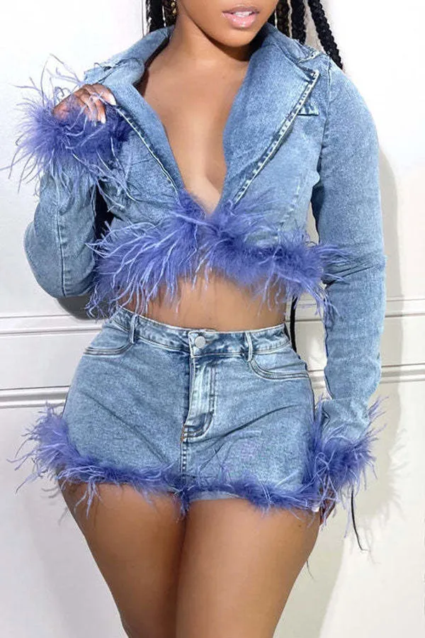 hulianfu Blue Denim Cool Fluffy Pant Suit