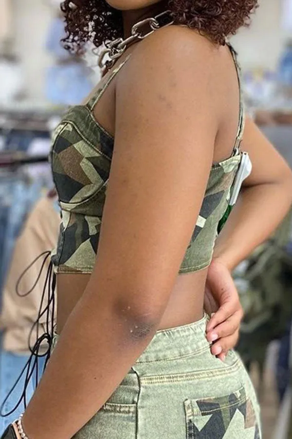 hulianfu Color Block Camouflage Urban Strappy Camisole
