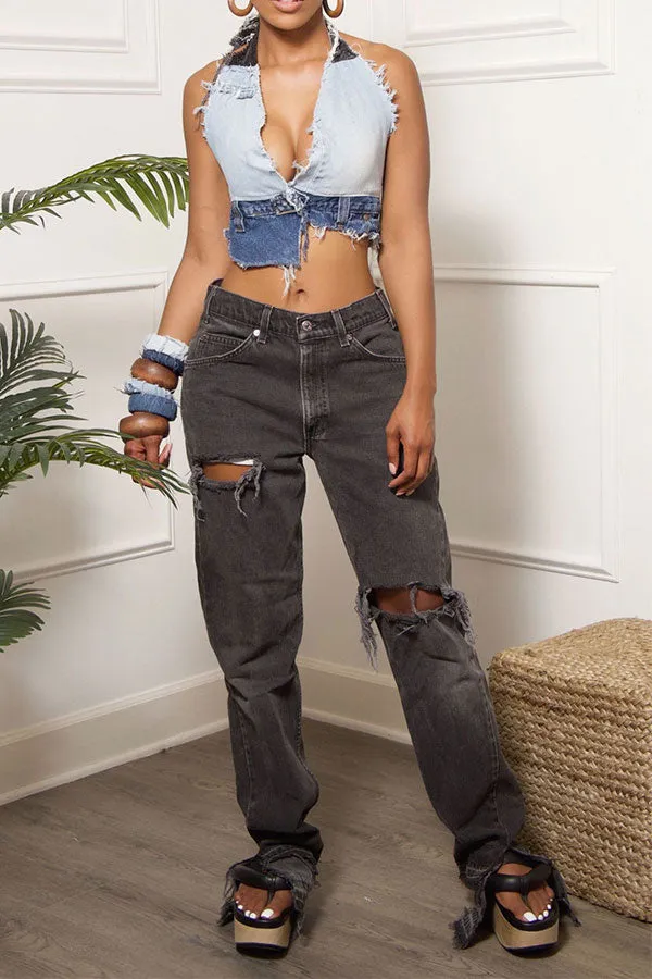 hulianfu Color Block Party Backless Irregular Denim Camisole