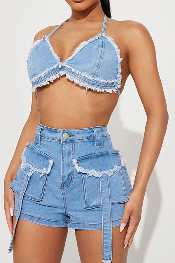 hulianfu Denim Burrs Party Patch Pocket Pant Suit