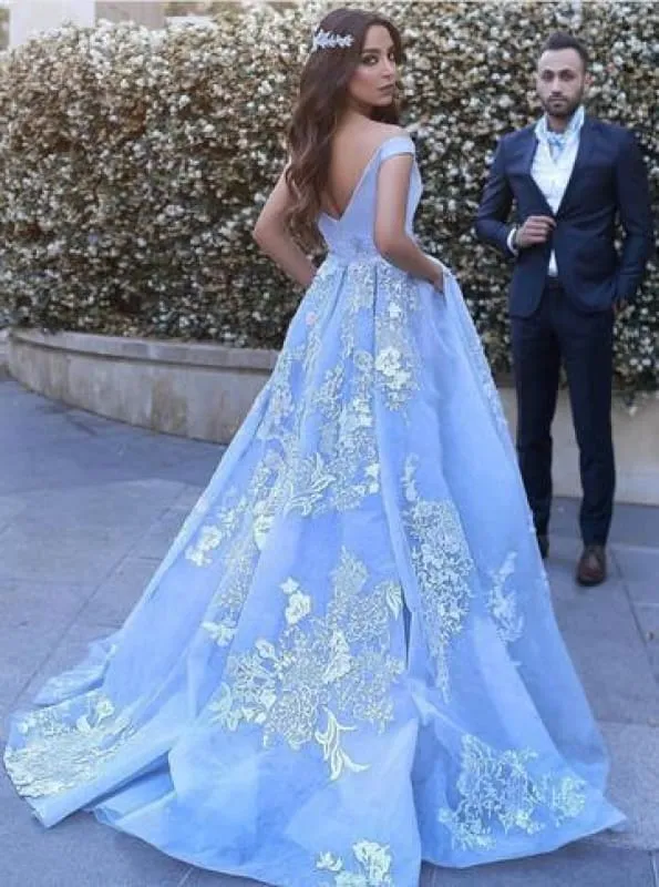 Light Blue Ball Gowns Lace Appliques Off Shoulder Wedding Dress