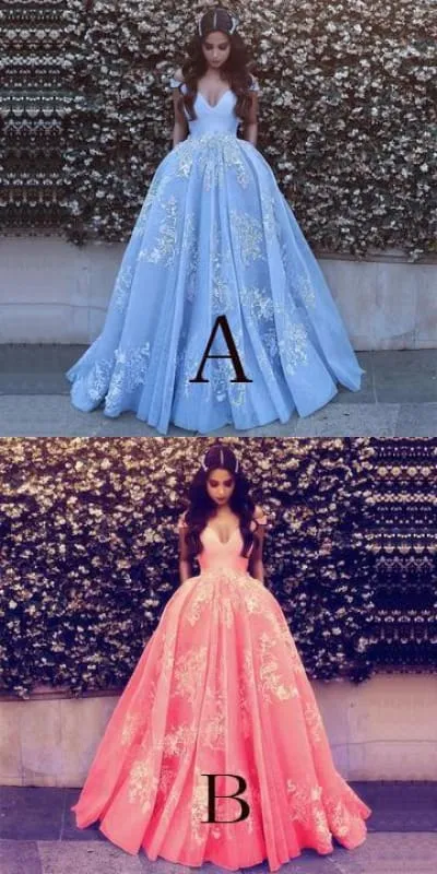 Light Blue Ball Gowns Lace Appliques Off Shoulder Wedding Dress