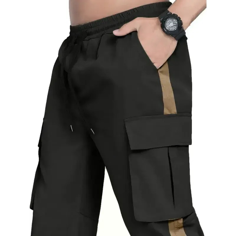Men’s new fashionable casual drawstring pockets color-blocked overalls