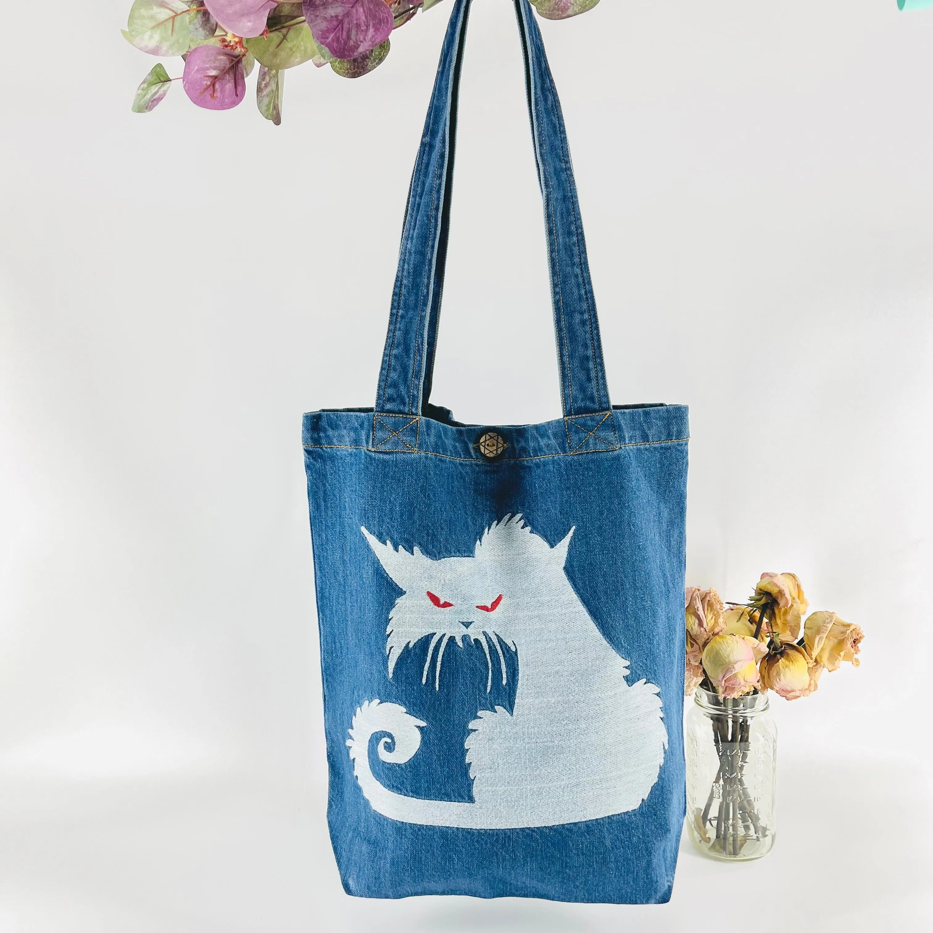 My Neighbor's "Scary Cat" Denim Tote Bag | Blue Denim