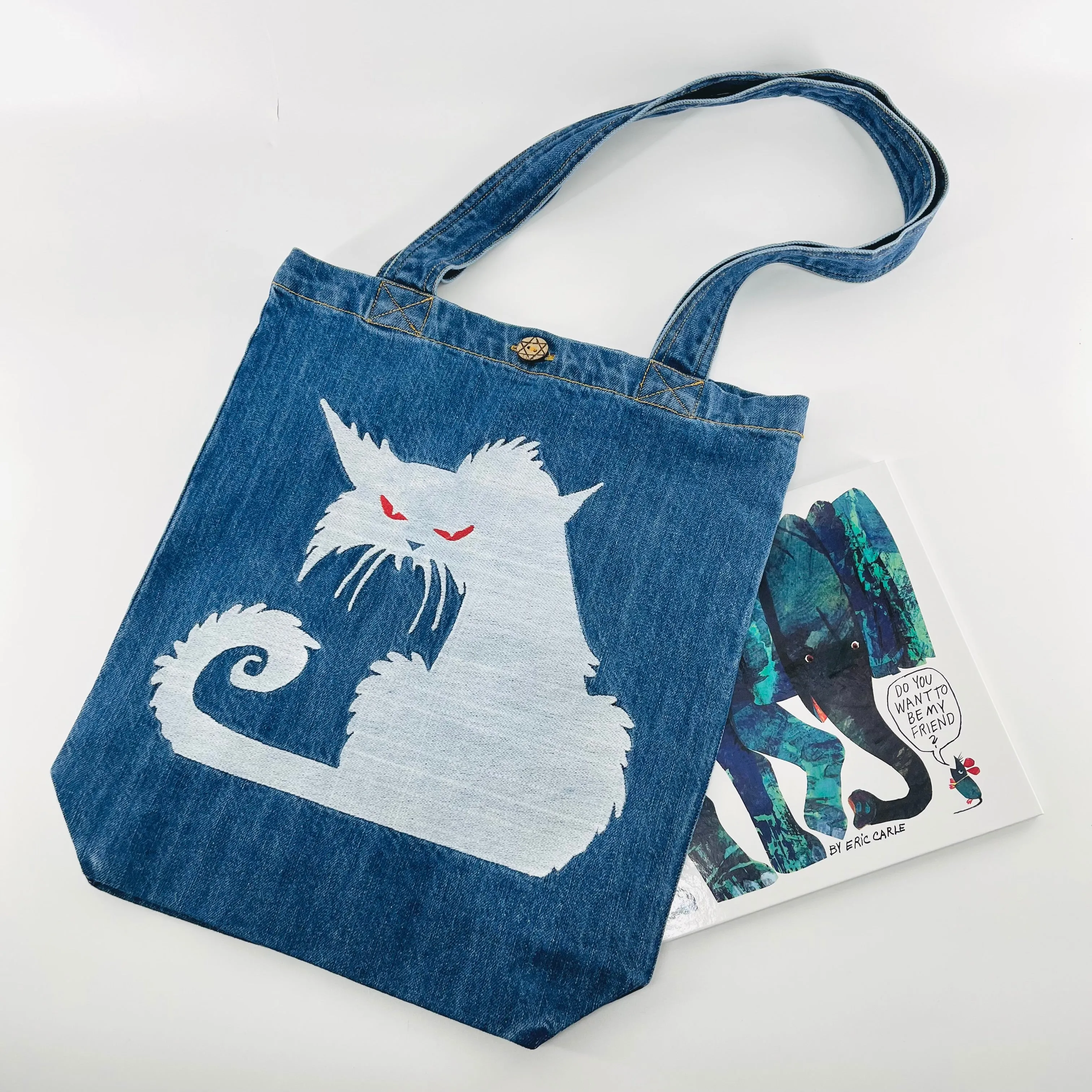 My Neighbor's "Scary Cat" Denim Tote Bag | Blue Denim