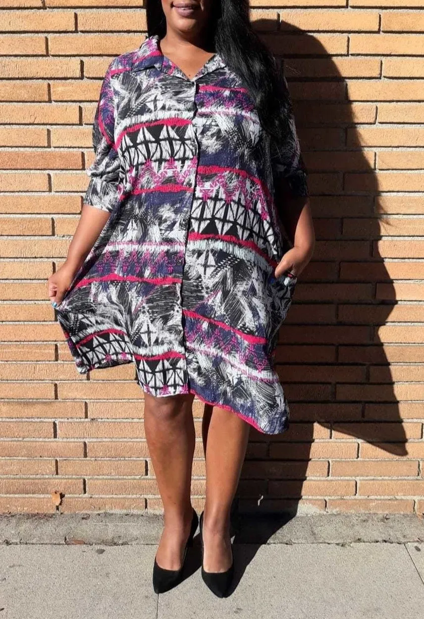Plus Size Multi Print Collar Neck Knee Dress