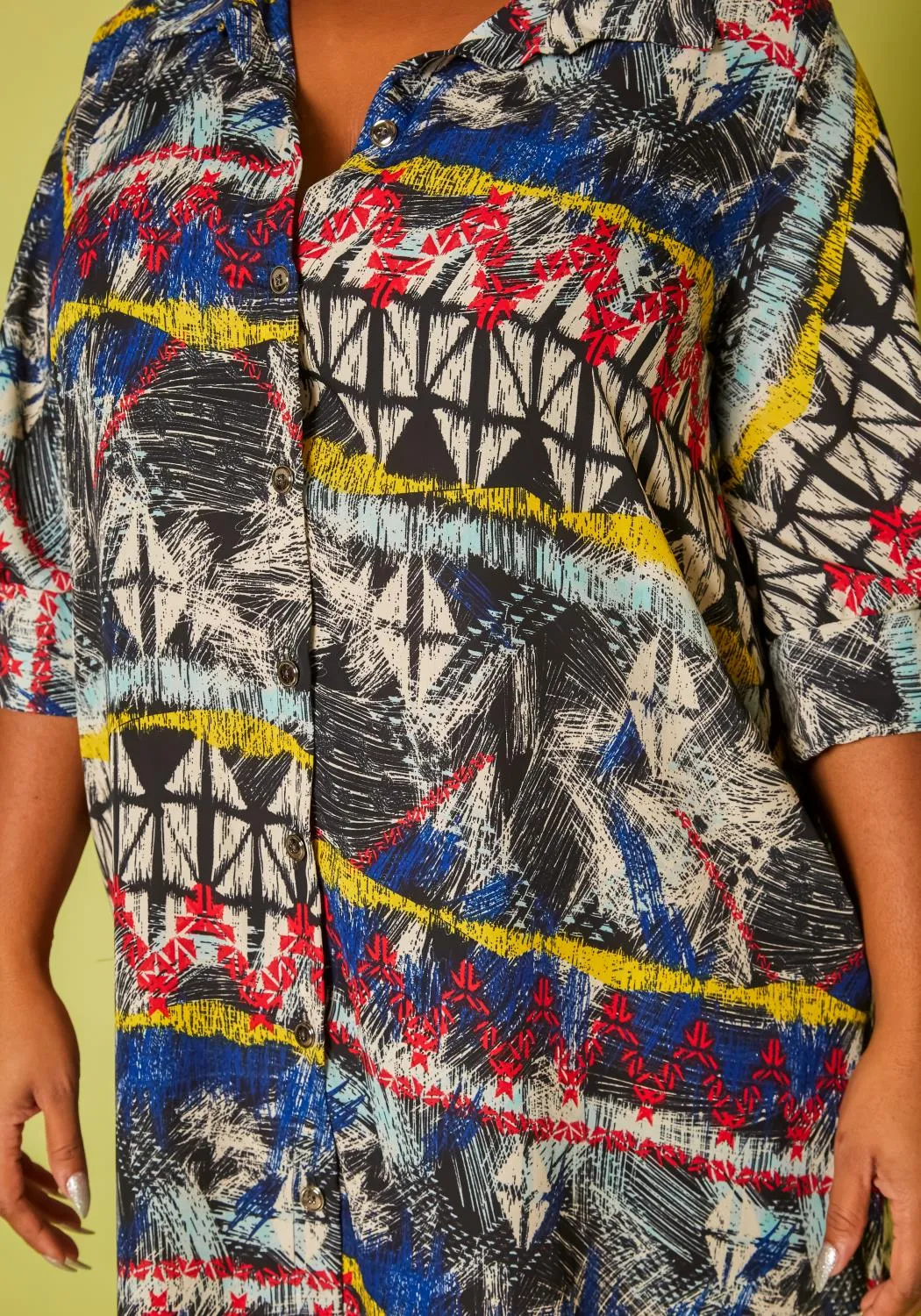 Plus Size Multi Print Collar Neck Knee Dress
